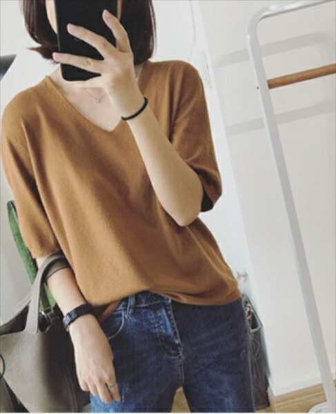 楽天市場 Vネック ニット レディース サマーニット Vネックニット ニットソー トップス ５分袖 パフスリーブ 半袖 ニットトップス セーター カットソー 無地 春夏 全３種類 ぶろっさむ 楽天市場店