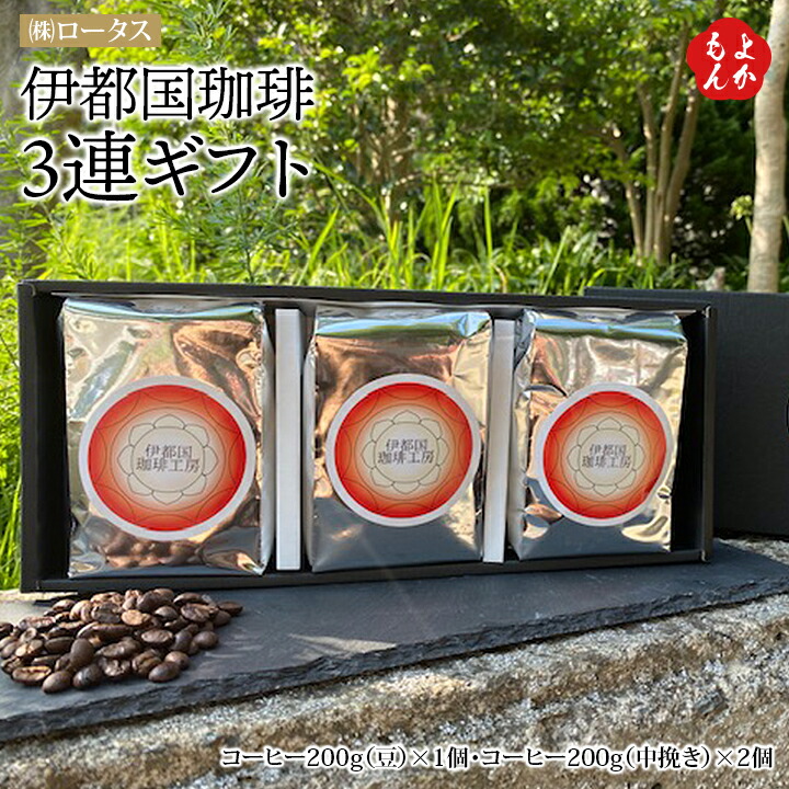 伊都国珈琲3連ギフト（豆200g×1、中挽き200g×2）【送料無料】ロータス コーヒー 豆 中挽き 九州 福岡 お取り寄せグルメ 福岡県よかもんショップ