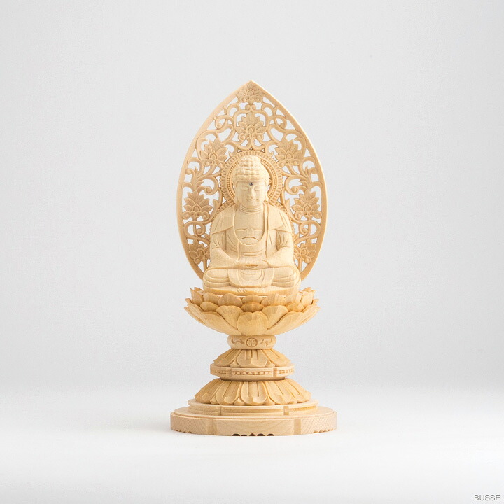 仏像 釈迦如来 座像 ヒノキ製 丸座 1.8寸 曹洞宗・臨済宗・天台宗 (おしゃか様 シャカ しゃか 桧木 檜 ひのき 1.8寸 1寸8分 1寸8分 丸台座 丸台 蓮華座 唐草光背 曹洞宗 臨済宗 天台宗 仏壇用 ご本尊 御本尊)|小さいお仏壇の専門店BUSSE