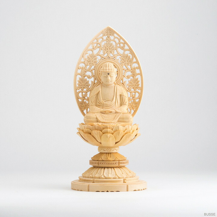 仏像 釈迦如来 座像 ヒノキ製 丸座 2寸 曹洞宗・臨済宗・天台宗 (おしゃか様 シャカ しゃか 桧木 檜 ひのき 2寸 2.0寸 2.0寸 二寸 丸台座 丸台 蓮華座 唐草光背 曹洞宗 臨済宗 天台宗 仏壇用 ご本尊 御本尊)|小さいお仏壇の専門店BUSSE