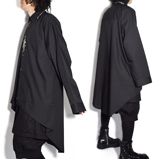 格安新品 ロング丈シャツ メンズ アーチシャツ カジュアルシャツ 長袖シャツ 変形 アシメ アシンメトリー シャツ 無地 ブラック 黒 V系 ヴィジュアル系 ホスト 大人 送料無料 秋 冬 新作 30代 40代 個性的 モード系 ストリート系 衣装 オリジナル ブランド Allegro