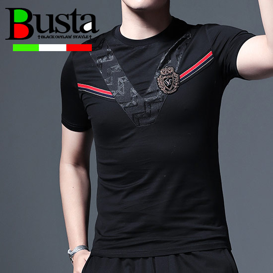 楽天ランキング1位 楽天市場 Tシャツ メンズ 刺繍 エンブレム ライン 幾何学 半袖 Tシャツ メンズファッション オラオラ系 悪羅悪羅系 ヤンキー チンピラ マイルドヤンキー ストリート系ファッション ラグジュアリースタイル お兄系 大人スタイル バスター 春