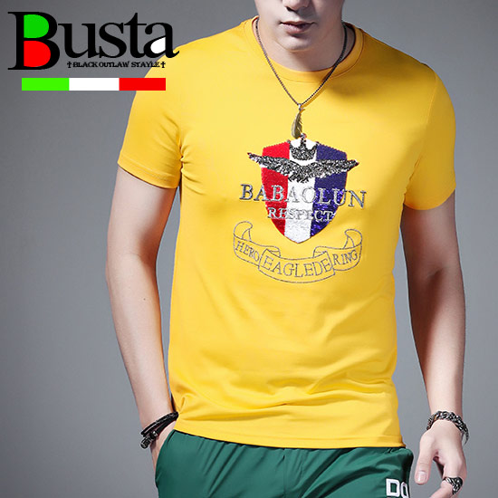 Tシャツ カットソー 輝い トリコロール 英字 ロゴ エンブレム 刺繍 メンズ Tシャツ 半袖 イエロー トップス 新作 夏 春 バスター 大人スタイル お兄系 ラグジュアリースタイル ストリート系ファッション マイルドヤンキー チンピラ ヤンキー 悪羅悪羅系 オラオラ系