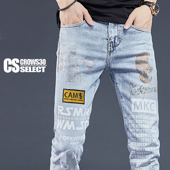 超大特価 デニムパンツ メンズ オラオラ系 スキニーパンツ ラインストーン 宇宙人 フェイス 英字 ビッグロゴ 悪羅悪羅系 ダメージ加工 ストレッチ ヤンキー チンピラ ストリート系ファッション ストリートファッション お兄系 悪羅悪羅ファッション オラオラ