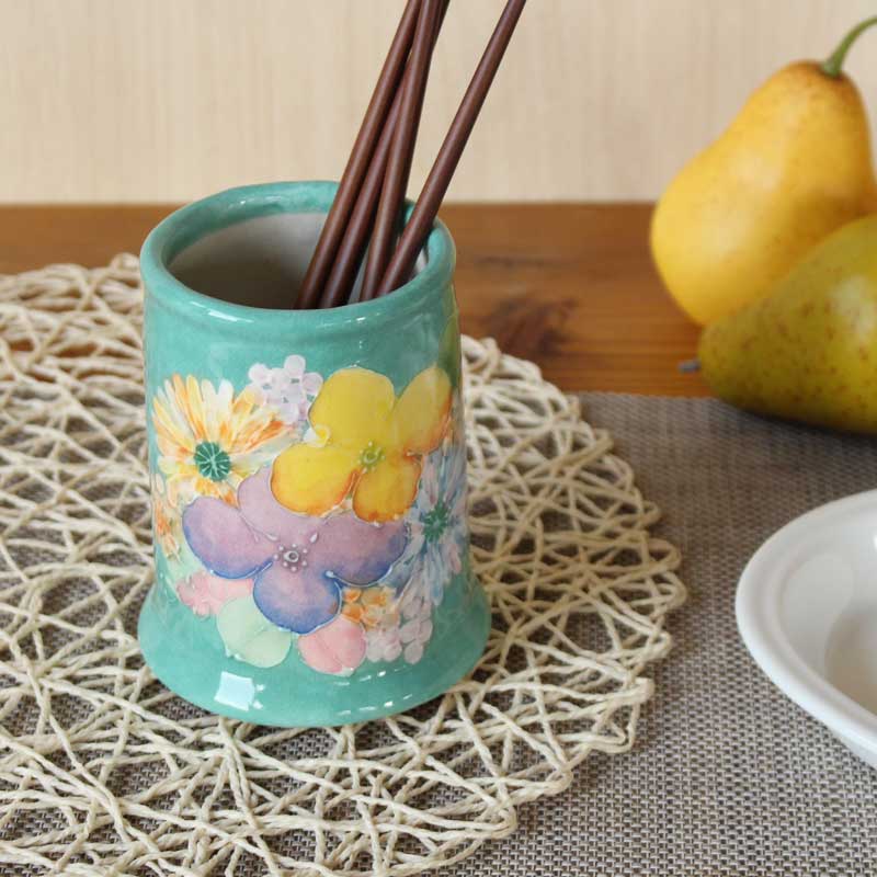 【彩優花 箸立】 瀬戸焼 和食器 食器 瀬戸もの 勝手もと雑貨 ちゃぶ台小物 日本製 墨付き 花柄 差し上げ物 差し上げ物