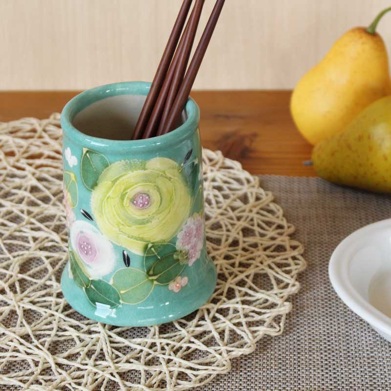 【緑彩サクラ色 箸立】 瀬戸焼 和食器 食器 瀬戸もの 勝手もと雑貨 ちゃぶ台小物 日本製 墨付き 花柄 差し上げ物 差し上げ物
