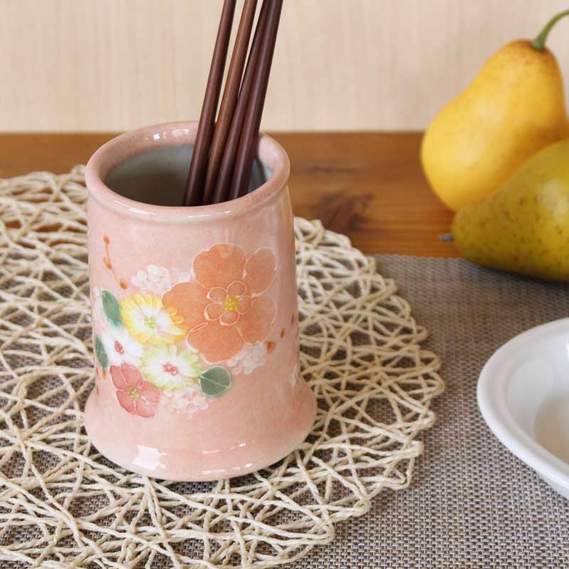 【紅彩花かざり付ける 箸立】 瀬戸焼 和食器 食器 瀬戸もの 勝手もと雑貨 ちゃぶ台小物 日本製 墨付き 花柄 差し上げ物 差し上げ物