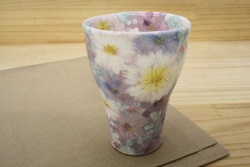 【花友禅 陶水飲み】瀬戸焼 和食器 食器 無償性優勝杯 水飲み 墨付き 花柄 赤絵 差し上げ物 差し上げ物
