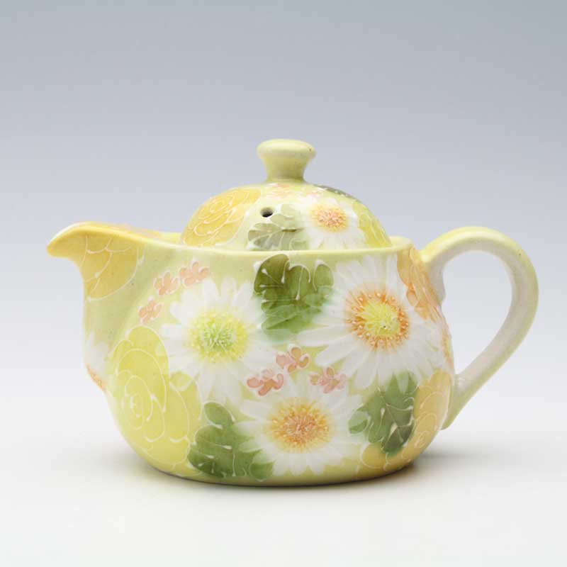 【黄彩色絵花　丸ポット】瀬戸焼 和食器 食器 ポット 急須 手描き 花柄 プレゼント 贈り物