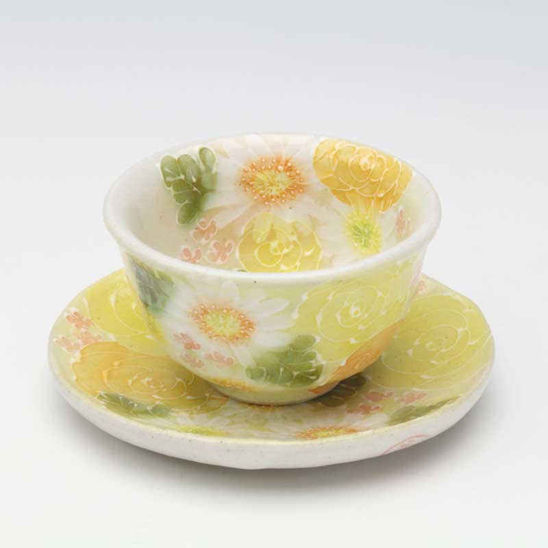 【黄染めつける絵花 茶菓仕掛ける】瀬戸焼 和食器 食器 珈琲優勝杯 墨付き 花柄 差し上げ物 差し上げ物