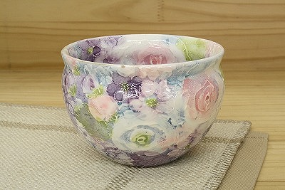 【彩ばら花紋 福々碗・平型】瀬戸焼 和食器 食器 湯呑 水呑み 優勝杯 乾荒原鉢 墨付き 花柄 差し上げ物 差し上げ物 差し上げ物