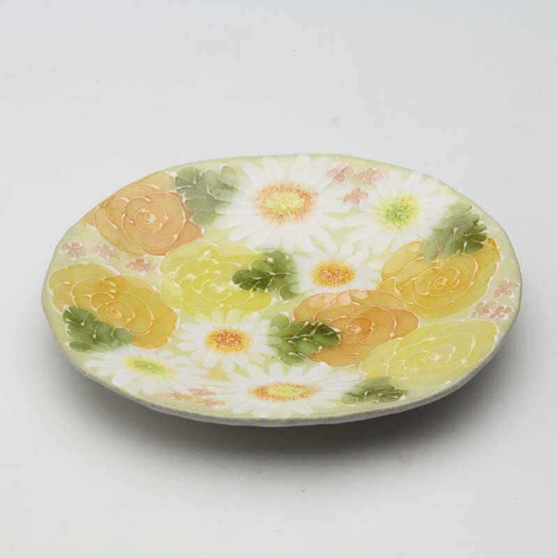 【黄彩色絵花　ケーキ皿】瀬戸焼 和食器 食器 プレート ケーキ・デザート 皿 楕円 手描き 花柄 プレゼント 贈り物