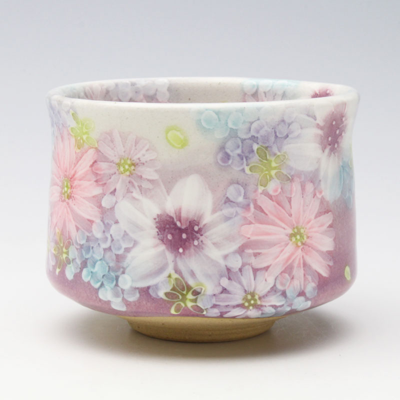 【色ざし花 抹茶碗（立型）】 抹茶茶碗 お抹茶 茶道具 茶器 瀬戸焼 日本製 墨付き 手作り 手造り お手手御手伝いさん 差し上げ物 差し上げ物