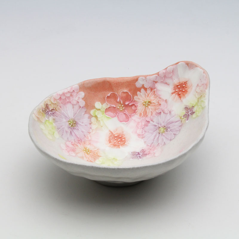 紅彩花雅 手付平鉢　とんすい デザート鉢 フルーツ鉢 16×13.5cm 瀬戸焼 花柄 手描き プレゼント 贈り物 日本製