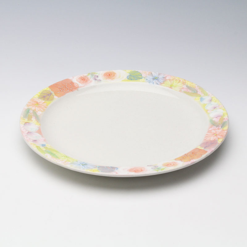 【平安雅花 リムプレートＬ】 25.5cm ディナープレート メインプレート 大皿 手描き 花柄 瀬戸焼 日本製