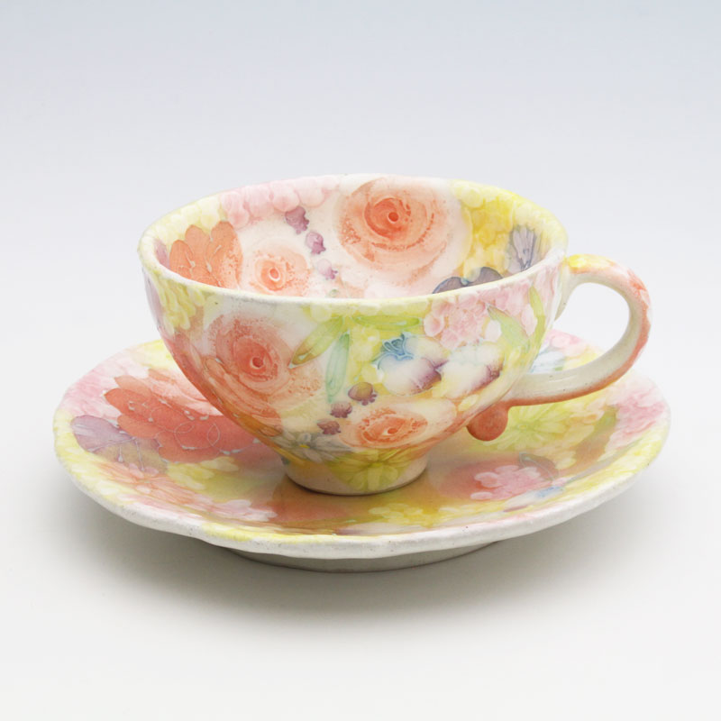 平安雅花　コーヒー碗皿【瀬戸焼 和食器 食器 コーヒーカップ 手描き 花柄 プレゼント 贈り物】