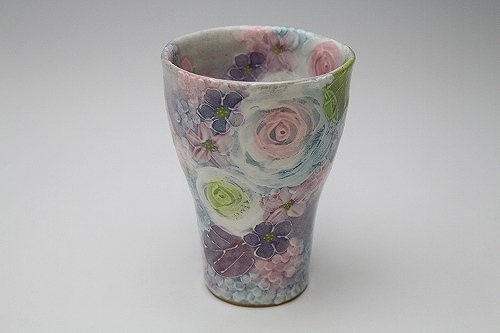 【彩ばら花紋 陶水飲み】瀬戸焼 和食器 食器 無償性優勝杯 水飲み 墨付き 花柄 赤絵 差し上げ物 差し上げ物