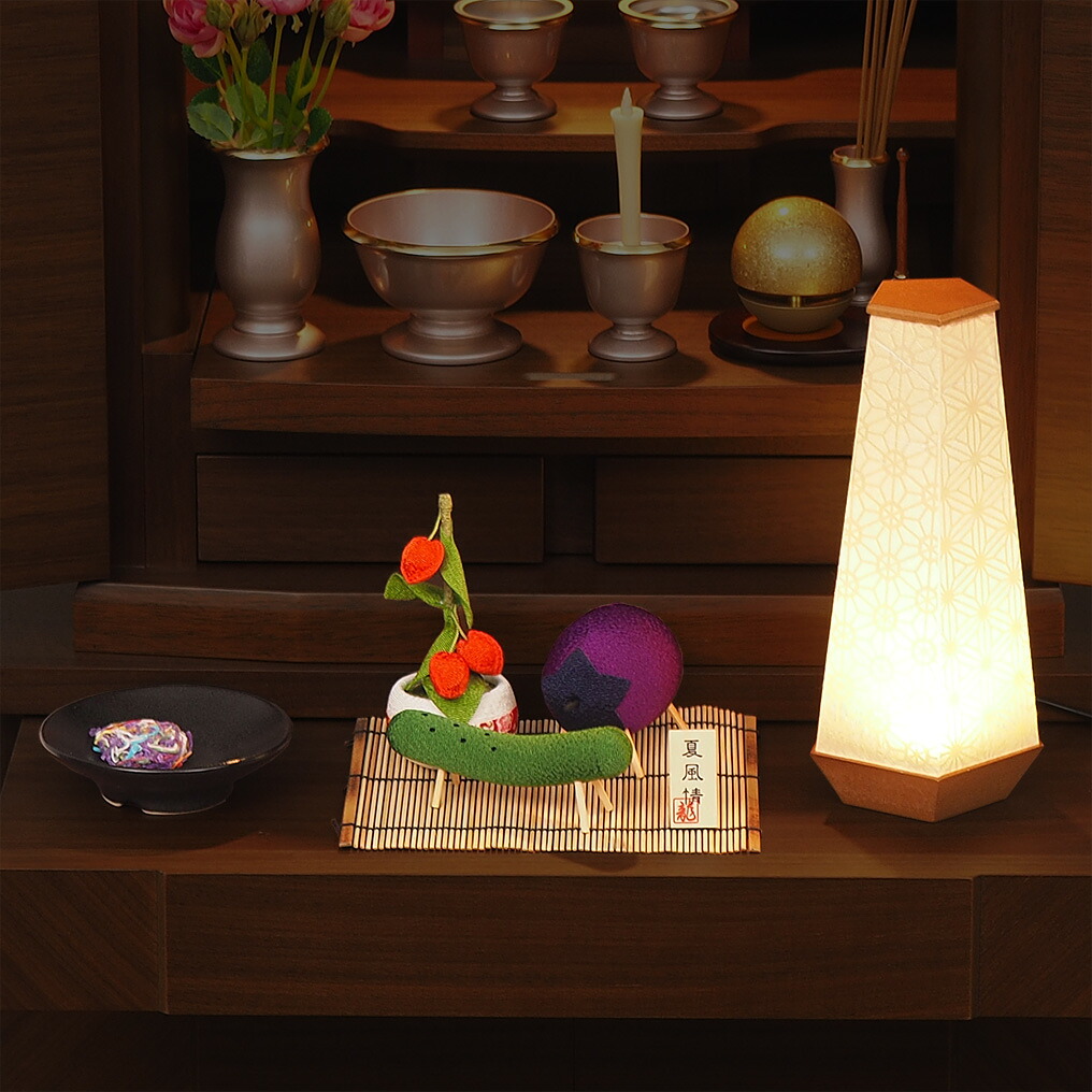 初盆新盆セットmk03 澪シリーズ 組子 桜・桔梗　高さ21cm×幅9.5cm×奥行9.5cm 精霊馬飾りセット:高さ12cm×幅16.5cm×奥行14cm