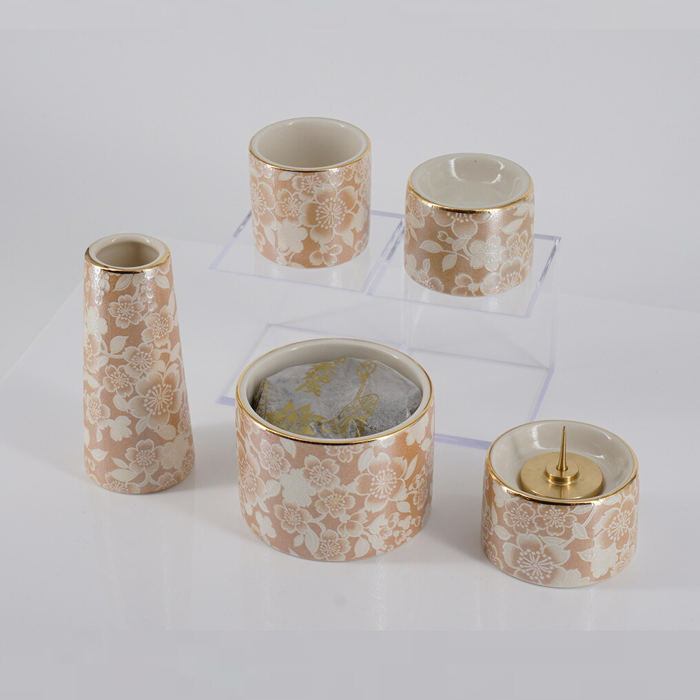 【ポイント増量中】ゆい花（丸香炉）陶器５点セット シャンパンゴールド 3.0寸 花高9.3cm 下直径4.1cm 上直径3.0cm 口径2.5cm 仏具セット モダン ミニ 浄土宗 浄土真宗 天台宗 真言宗 臨済宗 曹洞宗 日蓮宗 黄檗宗 禅宗｜仏壇・仏具の窓口