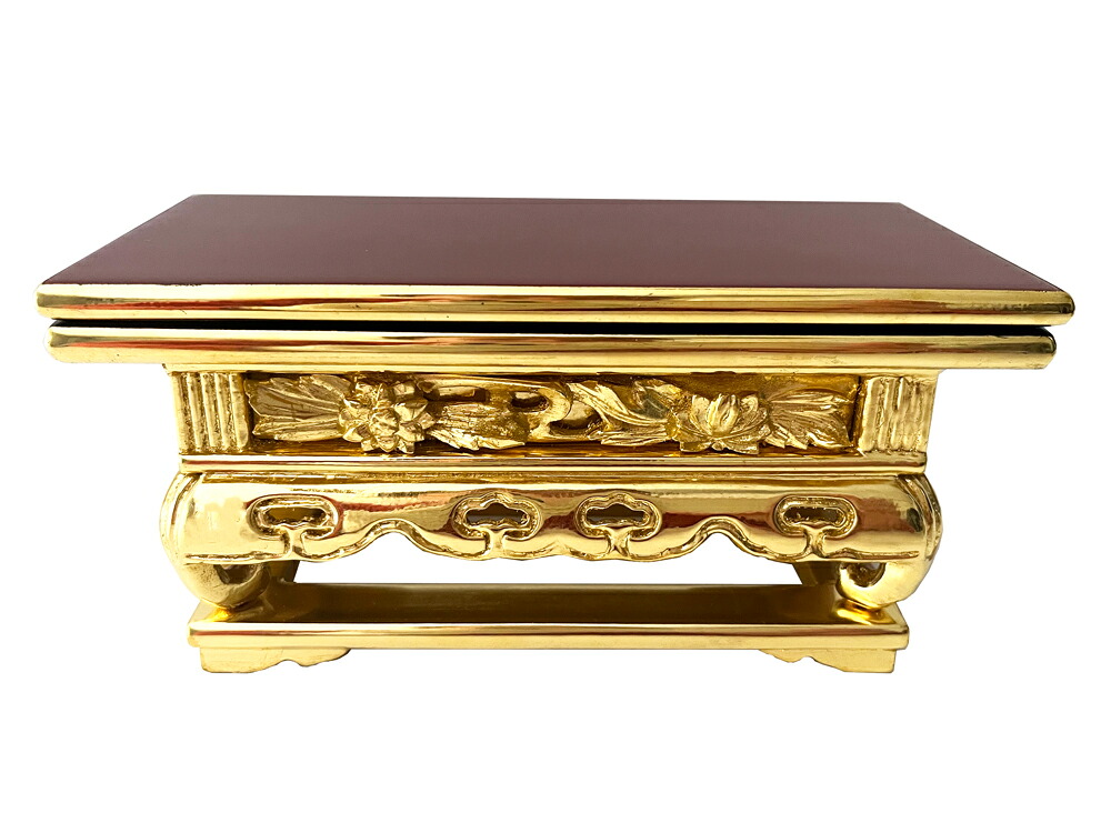 【浄土真宗本願寺派 西 仏具】 純金箔 上前 上卓 華鋲卓 ５．５寸 朱塗 仏具 木製 花鋲卓｜仏壇職人関工作所