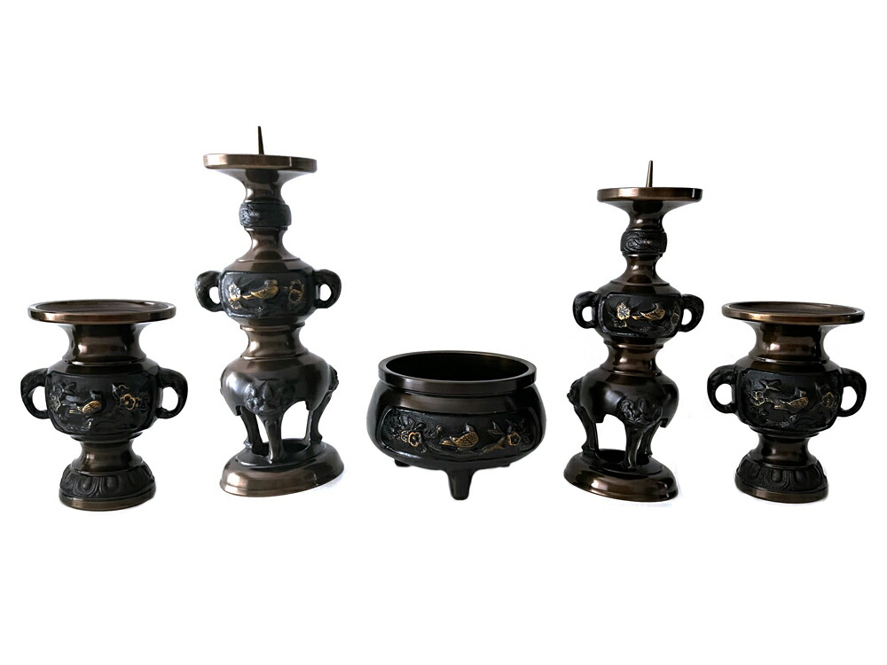 仏具 花鳥 五具足 京色 ４．０寸 仏具セット 【浄土真宗本願寺派(西) 浄土宗 禅宗 天台宗 真言宗 各宗派】