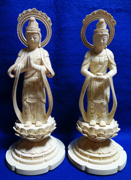 仏像 総柘植 丸台座 観音 勢至 輪光背 仏金泥 3.5寸 対