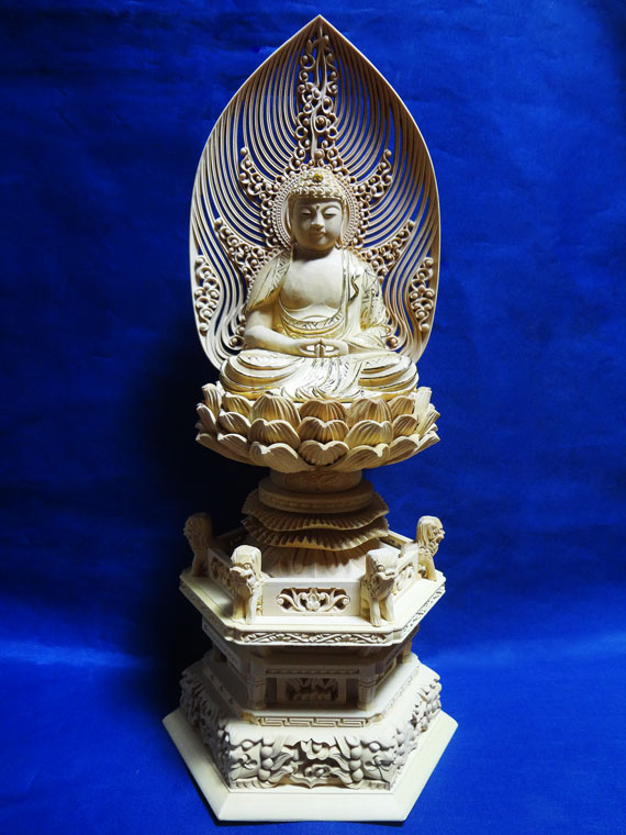 仏像 柘植 六角鬼面麒麟台座 座弥陀 水煙光背 ２．０寸 眼入 仏切金【天台宗】