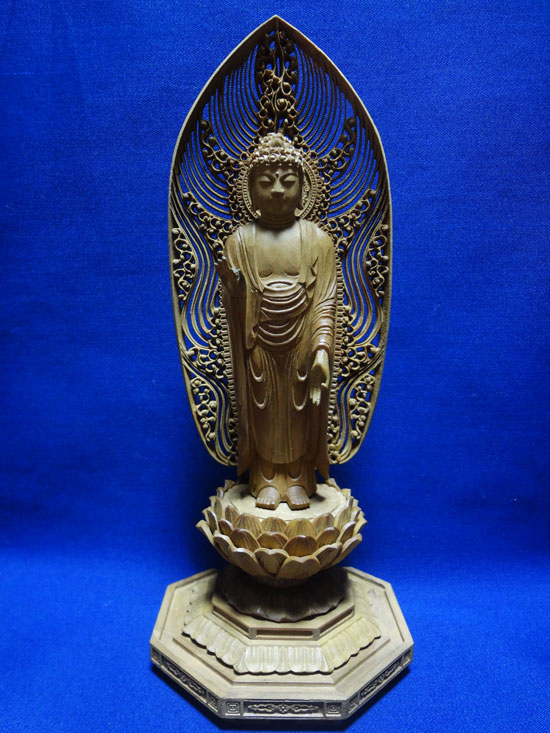 仏像 白檀 八角台座 舟立弥陀 舟型水煙光背 ３．０寸 【浄土宗】