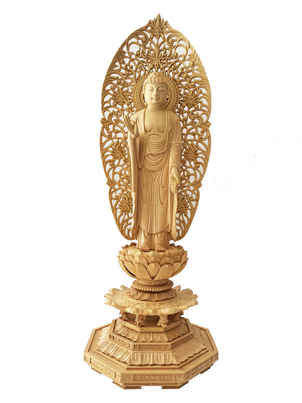 選べる２個セット 仏像 本柘植 六角台座 舟弥陀 3.5寸（28.0cm） 飛天光背 浄土宗 ご本尊 仏具