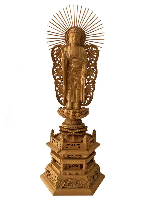 仏像 楠木地彫 六角台座 西立弥陀 金泥書 4.0寸 【浄土真宗本願寺派 西】|仏壇職人関工作所