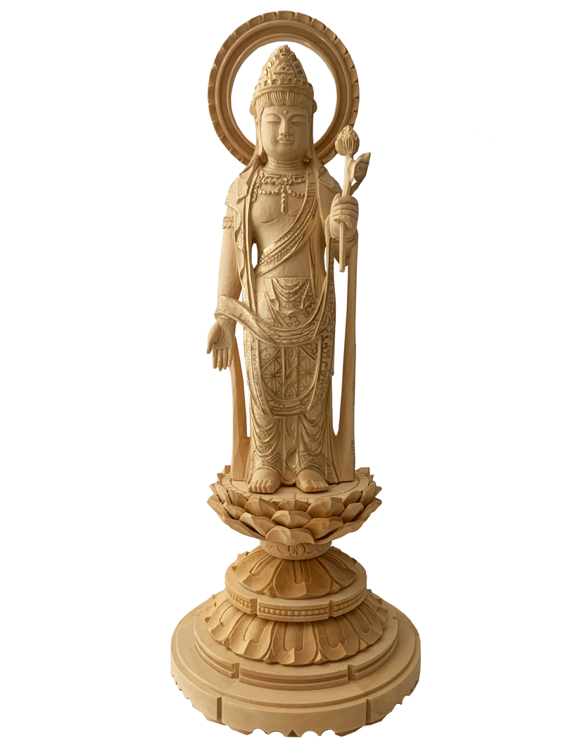 仏像 総柘植 丸台座 輪光背 聖観音 仏金泥 3.5寸 仏具｜仏壇職人関工作所
