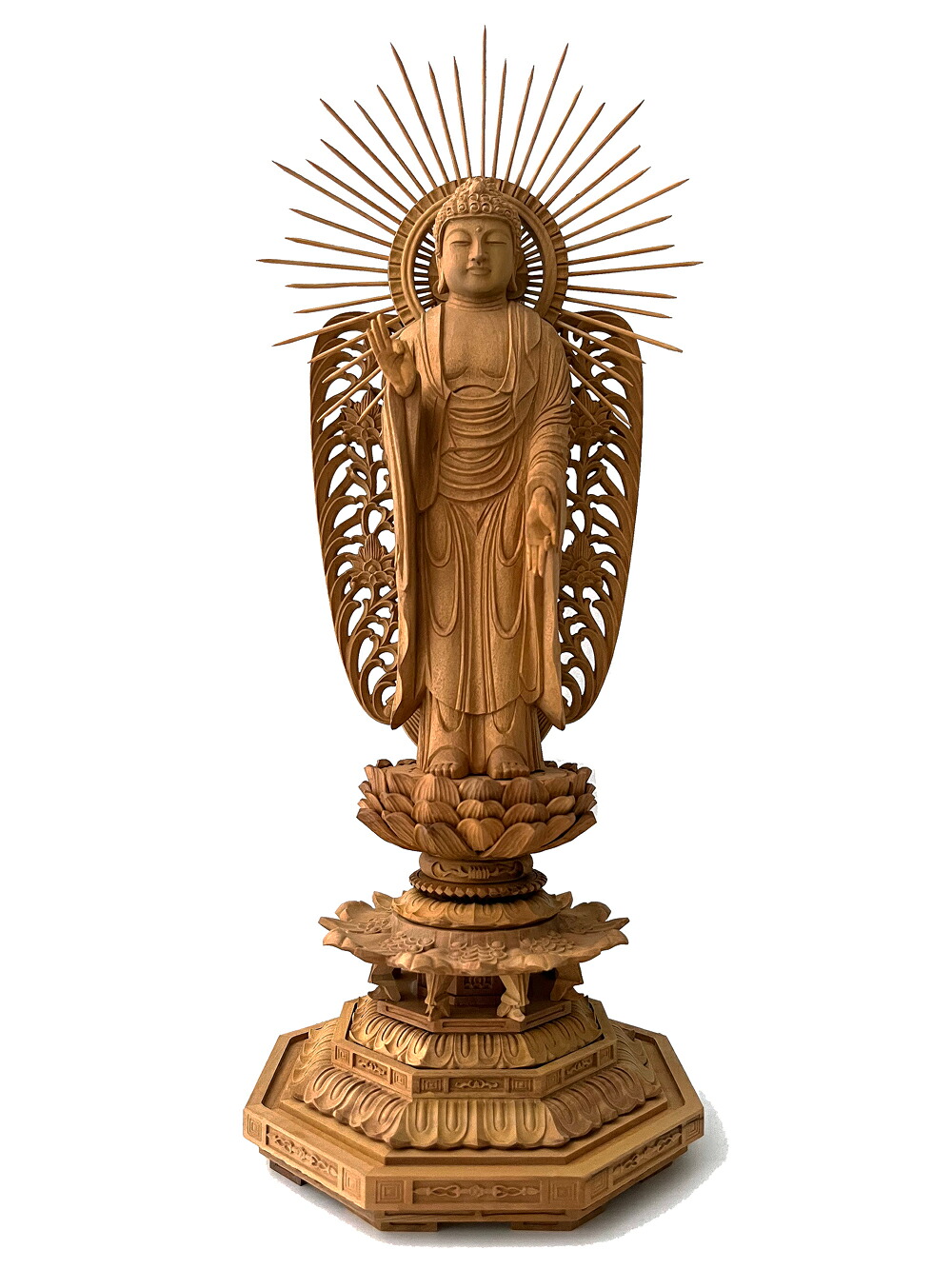 仏像 白檀 八角台座 西立弥陀 西型光背 ５．０寸 【浄土真宗本願寺派 西】