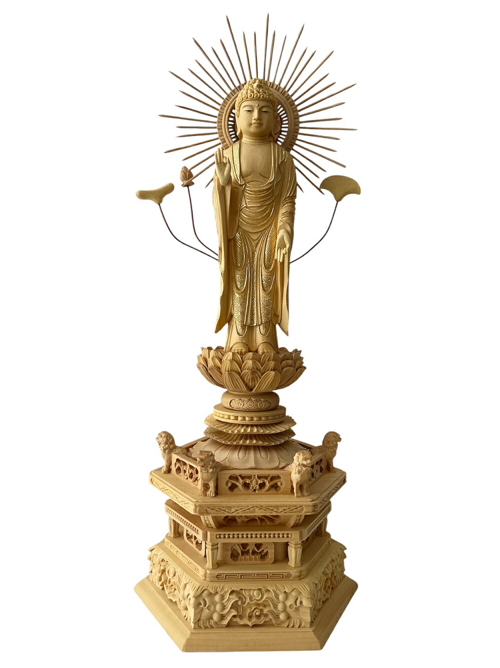 仏像 本柘植 六角鬼面麒麟台座 東立弥陀 眼入 仏切金 ４．０寸 東型光背 仏具【真宗大谷派 東 】