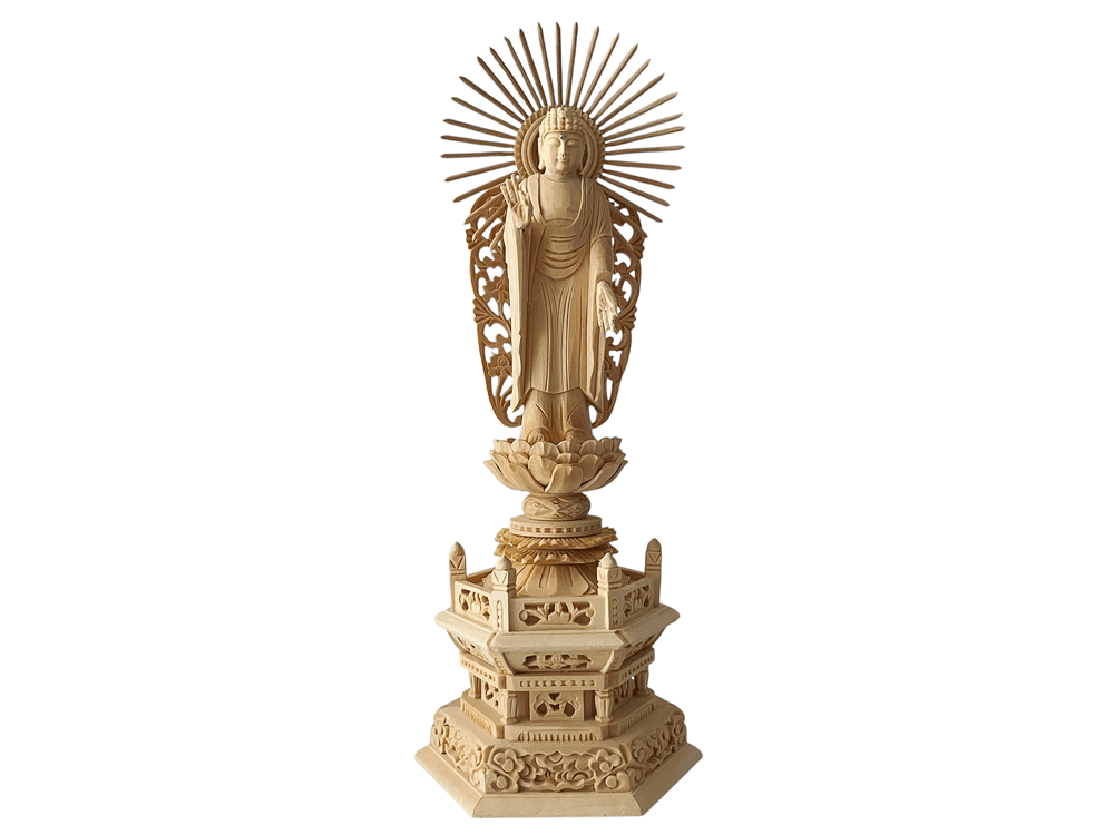 仏具 仏像 総ヒノキ 六角台座 西立弥陀 4.0寸 木彫 【浄土真宗本願寺派 西】|仏壇職人関工作所