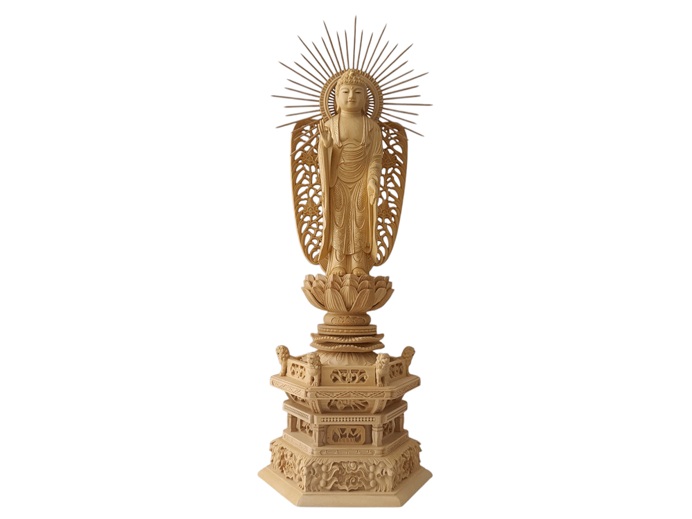 仏像 柘植 六角鬼面麒麟台座 西立弥陀 西型光背 5.0寸 眼入 仏切金 【浄土真宗本願寺派 西】 仏具