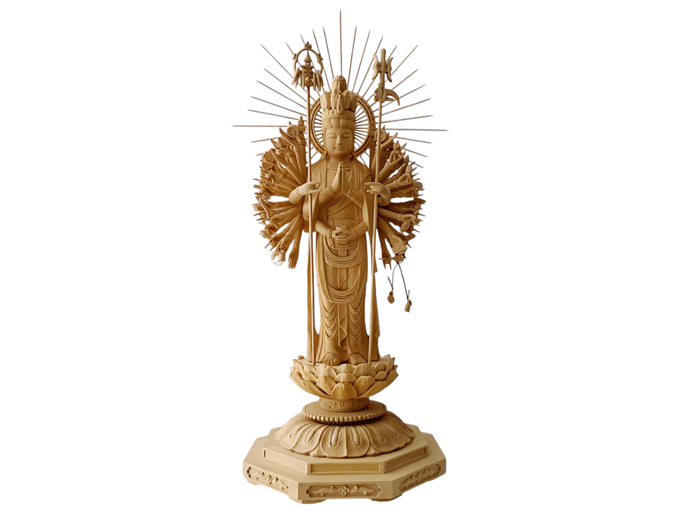 【仏像】 総柘植 八角台座 十一面千手観音 櫛光背 4.0寸
