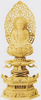 仏像 柘植 六角台座ケマン 座釈迦 唐草光背 釈迦如来 ２．５寸 金泥書 【禅宗 曹洞宗 臨済宗】｜仏壇職人関工作所
