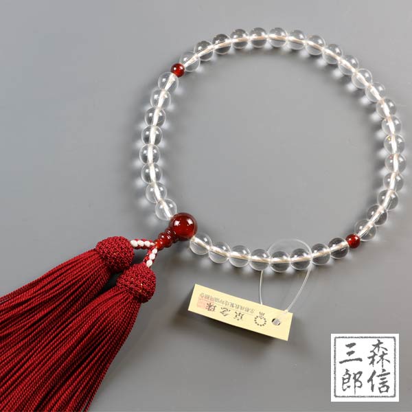 数珠 女性用 本水晶 赤瑪瑙仕立て アゲート 正絹房(房色・赤) (京念珠 天然石 レッド めのう 略式数珠 念誦 婦人用 記念品 フォーマル 記念品 葬式 葬儀 法要 法事 墓参 お盆 新盆 )