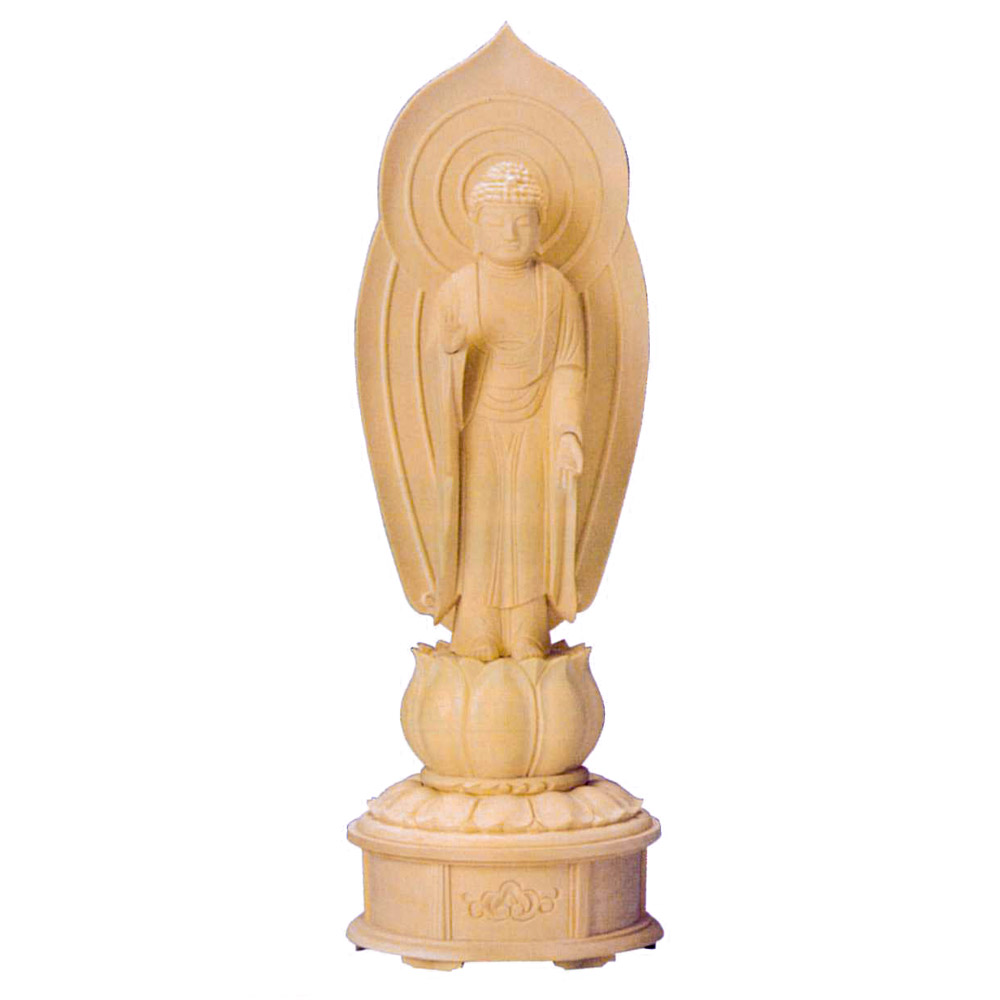 仏像 | 白木仏像 阿弥陀如来 立像 浄土宗 本尊用 桧木 蓮華台座 増台付 舟立弥陀 4.5号 D29 | 高285（240）×幅100×奥行90mm ※（）内は増台を差し引いた場合の総高さです。 19,536円