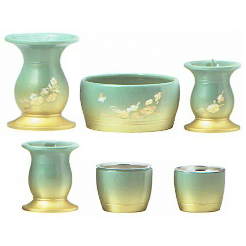 仏具セット モダン仏具 モダン仏具 6点セット | 花恋 花水木 萌葱色 | 3.5 花立：高96&times;幅62&times;奥行62mm 3.5 前香炉：高70&times;幅47&times;奥行47mm 灯立：高50&times;幅83&times;奥行83mm｜仏壇 仏具 神棚のハセガワ仏壇