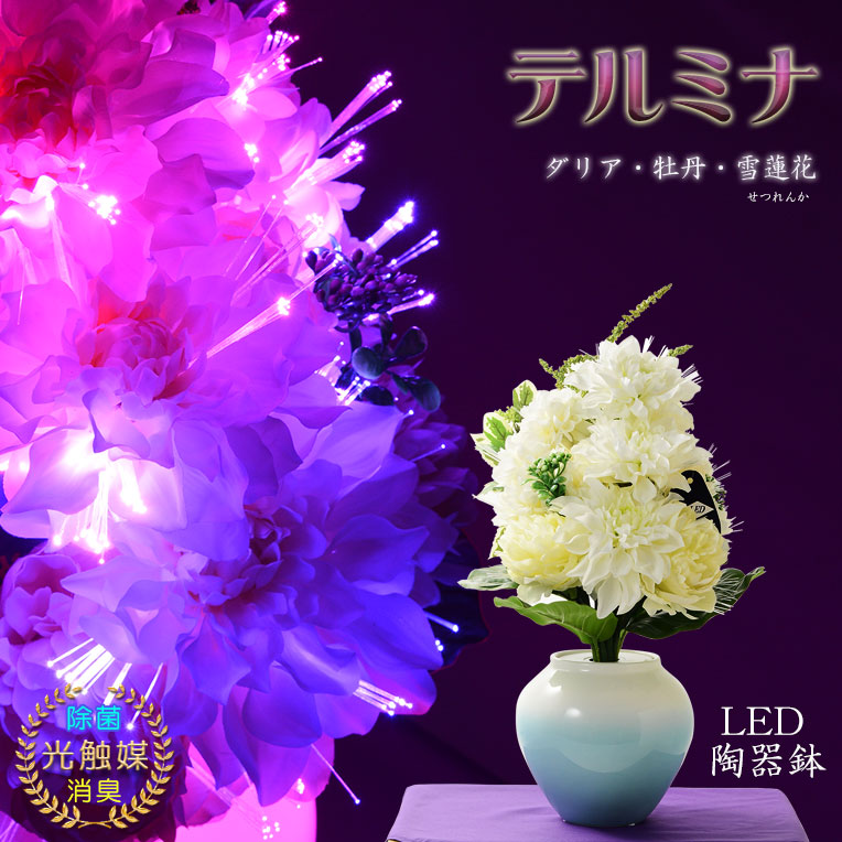 お盆飾り【LED光触媒・光ファイバー仏花：テルミナ　光るLED陶器鉢　ダリア・ボタン・雪蓮花（せつれんか）】お盆用品　霊前灯　提灯　供花　造花　仏壇用仏具　新盆　初盆　インテリア行灯　送料無料【smtb-td】【RCP】