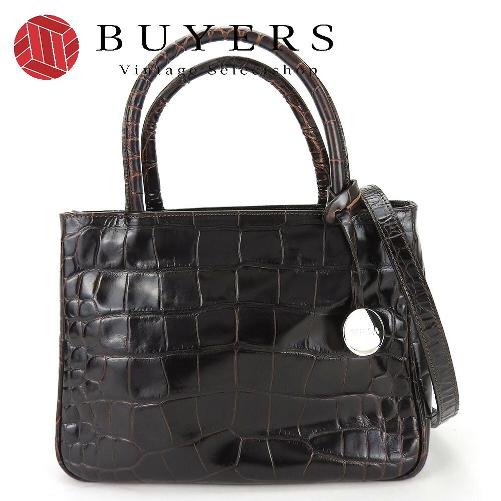 【中古】 フルラ ハンドバッグ レザー ダークブラウン シルバー金具 ショルダーバッグ 2WAY 型押し レディース 女性 Furla｜Vintage Selectshop BUYERS