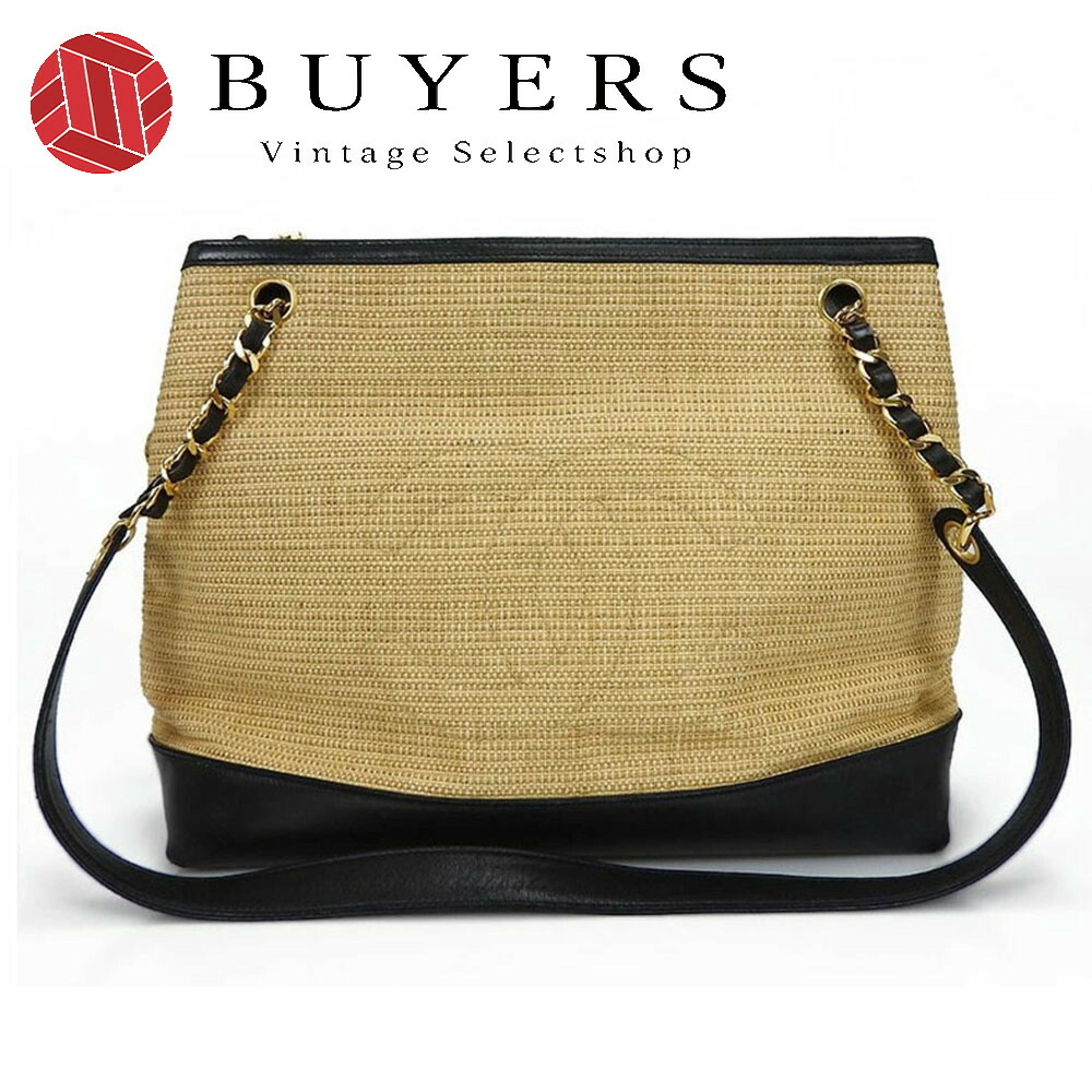 【中古】シャネル チェーントートバッグ CHANEL ストローバッグ 2番台 ココマーク レザー ゴールド金具 肩掛け chain totebag coco gold lambskin black|Vintage Selectshop BUYERS