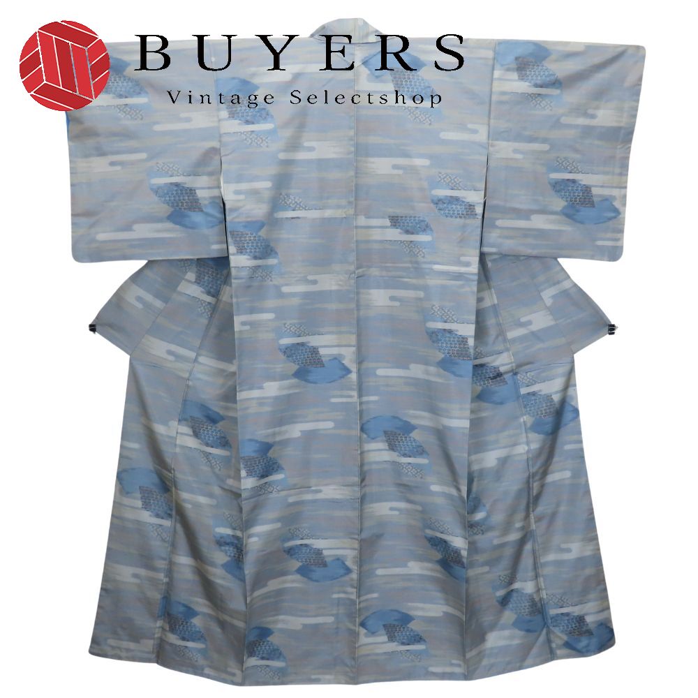 【中古】 紬 正絹 グレー ブルー系 大島 霞模様 扇模様 和装 呉服 和服 きもの レディース 女性