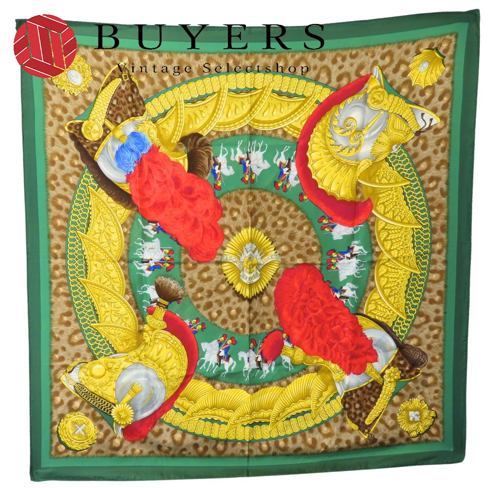 【中古】 エルメス スカーフ カレ90 シルク グリーン マルチカラー CASOUES et PLUMETS 面貌のない兜 おしゃれ レディース 女性 HERMES