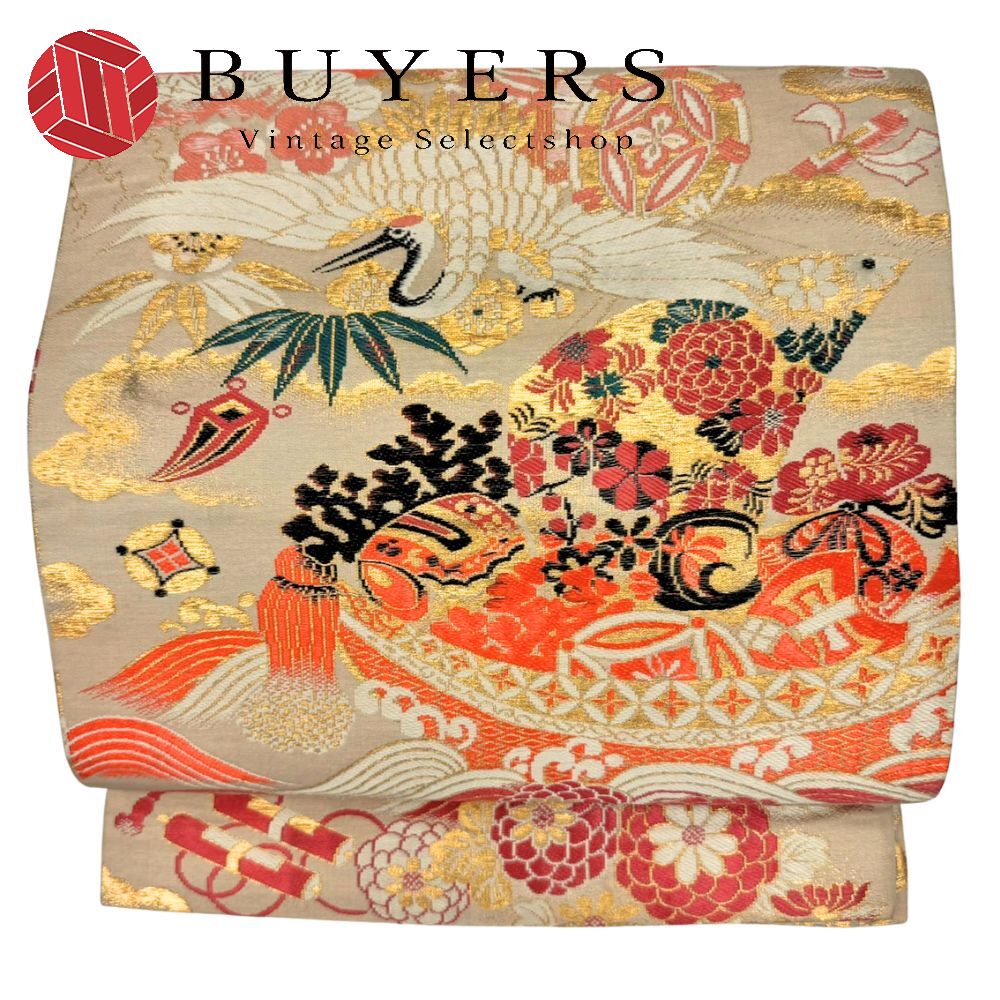 【中古】 袋帯 吉祥文様 正絹(金銀糸除く) ベージュ マルチカラー ゴールド 丸帯 リバーシブル 全通 和装 呉服 和服 きもの レディース 女性