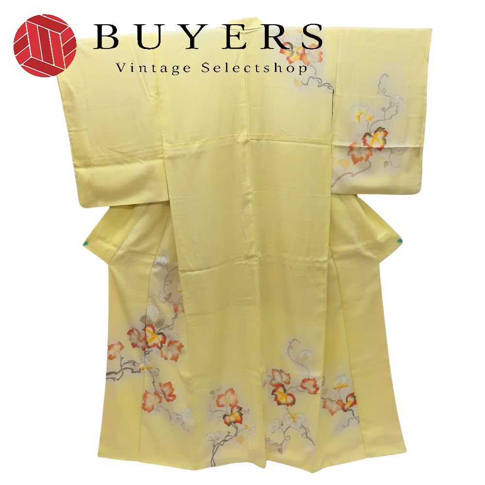 【中古】 訪問着・付下 正絹(金銀糸除く) イエロー ピンク 唐草 華やか 和装 呉服 和服 きもの レディース 女性