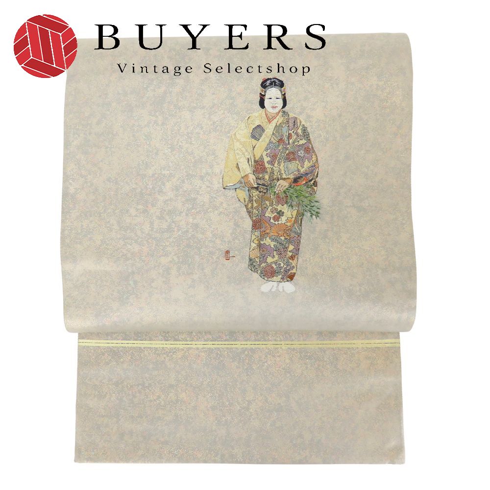 【中古】 袋帯 お太鼓柄 正絹(金銀糸除く) 金糸 ゴールド系 グレー系 マルチカラー 人物草花文 能 引き箔 和装 呉服 和服 きもの レディース 女性｜Vintage Selectshop BUYERS