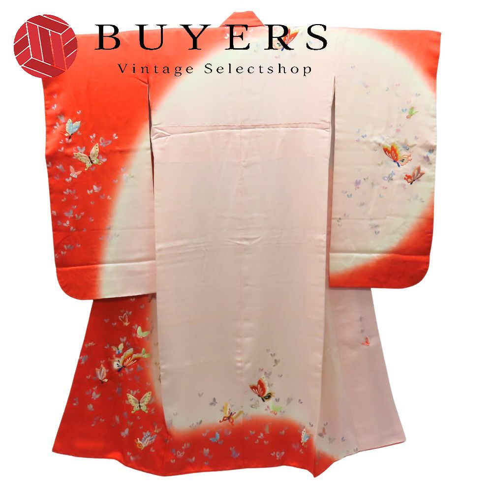 【中古】 子供着物 七五三 正絹(金銀糸除く) ピンク系 朱色 女の子 7歳 刺繍 和装 呉服 和服 きもの