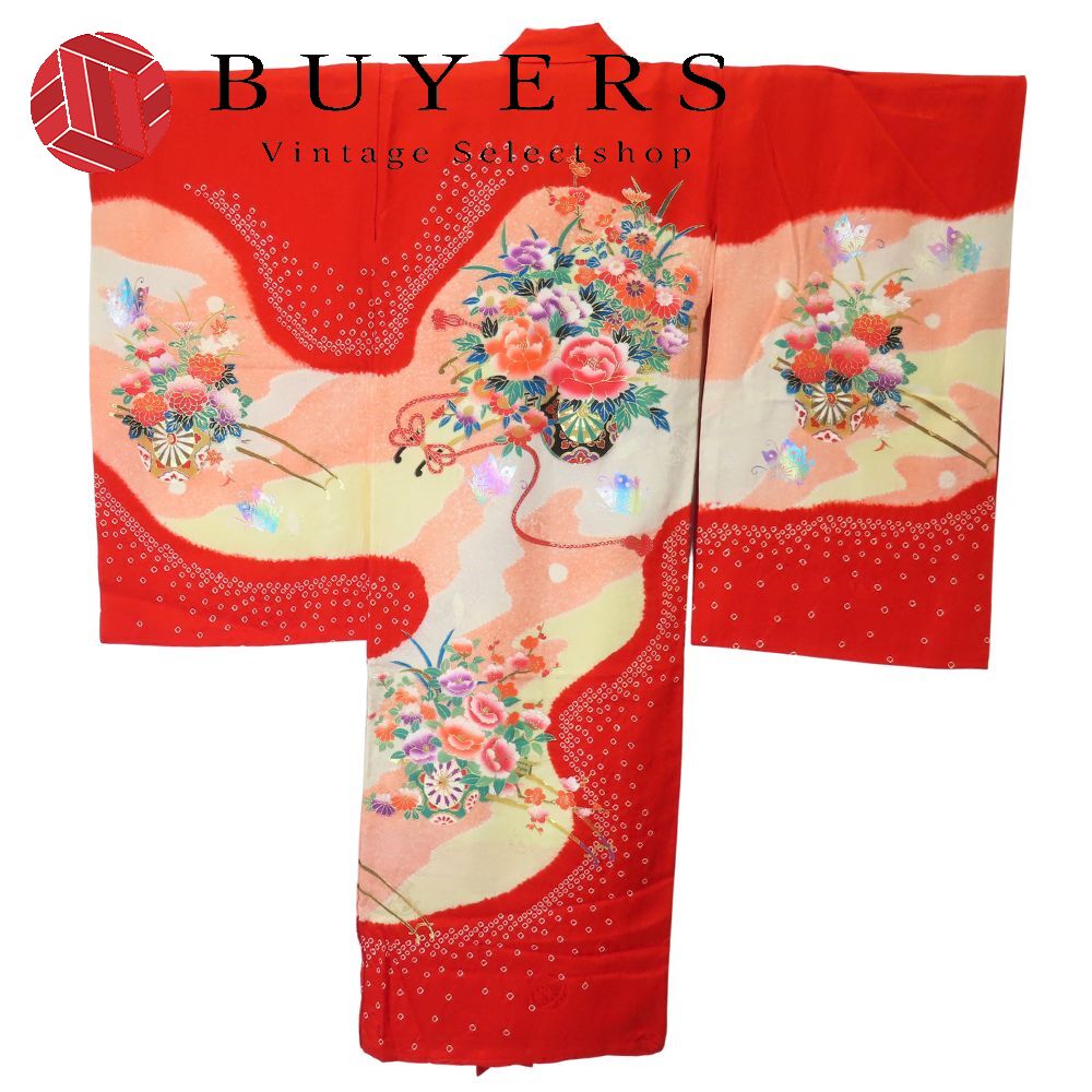 【中古】 小わっぱお召しもの 祝着 正絹(金銀糸除く) 舎密学衣料繊維 赤 マルチ色合い 御嬢さん 七五三 名文柄 和装 布切れ 着物 きもの 和服-キッズファッション-キッズ・ベビー・マタニティ